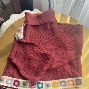 Women's Burgundy Sweater with Crochet Trim